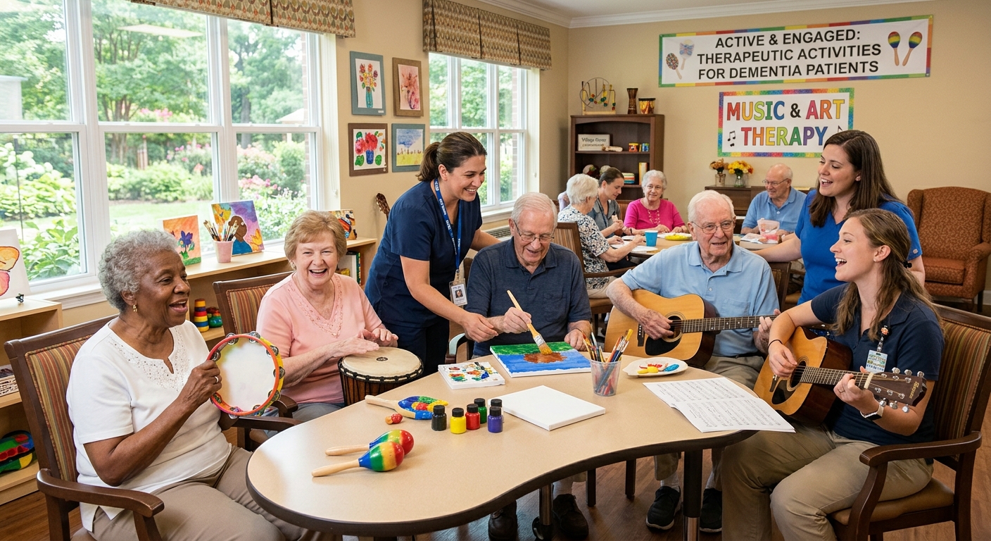 Senior residents participating in music therapy and art, highlighting therapeutic activities for dementia patients.