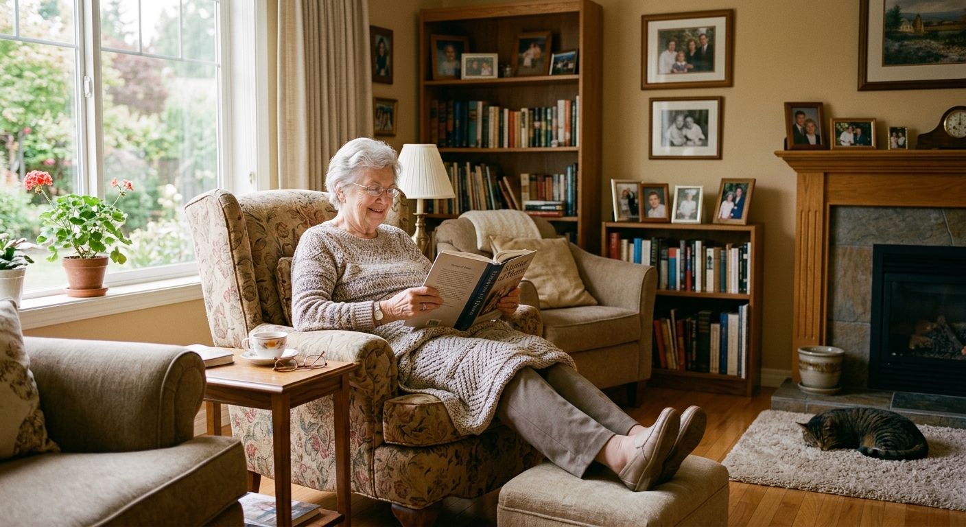 Senior resident relaxing in a cozy, residential living room illustrating the advantages of home-like memory care.