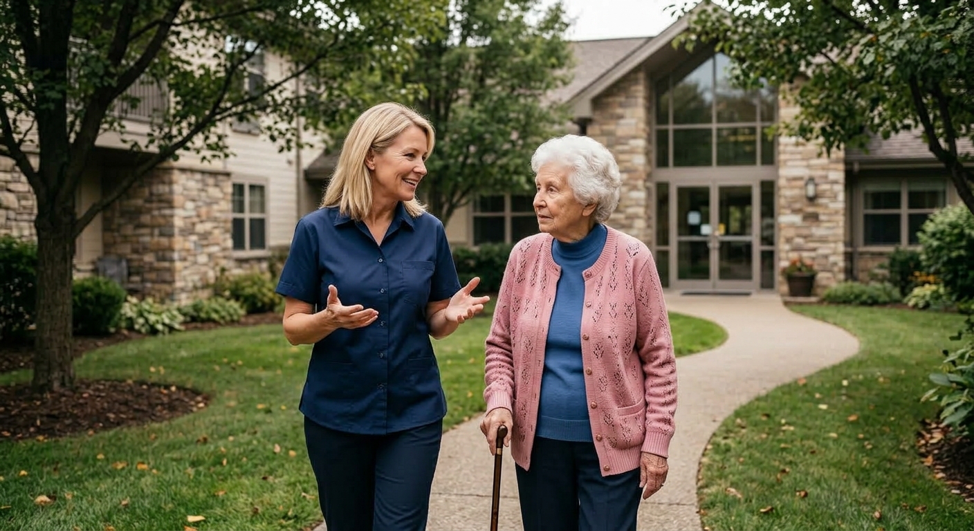 A adult daughter and elderly mother touring a residential home while choosing a memory care facility.