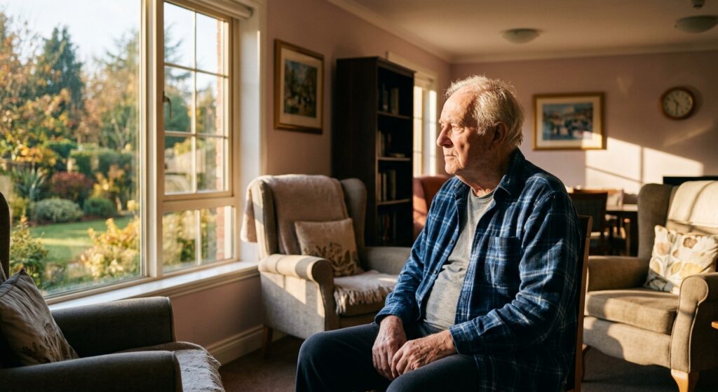 Senior resident looking out a sunlit window during late afternoon, illustrating sundowning in dementia.