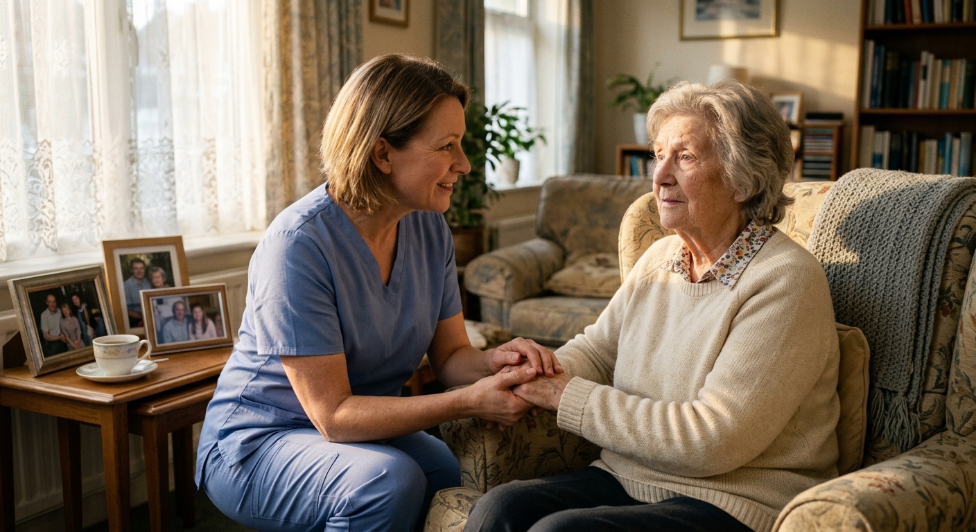 when-is-it-time-for-memory-care-dementia A compassionate caregiver helping a senior woman, representing the moment families ask when is it time for memory care.