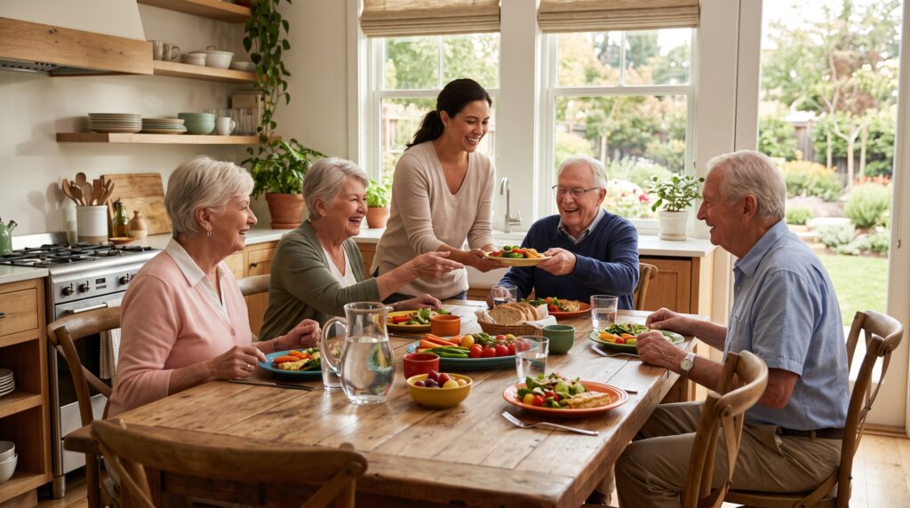Senior residents and a caregiver enjoying a fresh home-cooked meal around an open wooden dining table, illustrating dining dignity in alzheimers care.