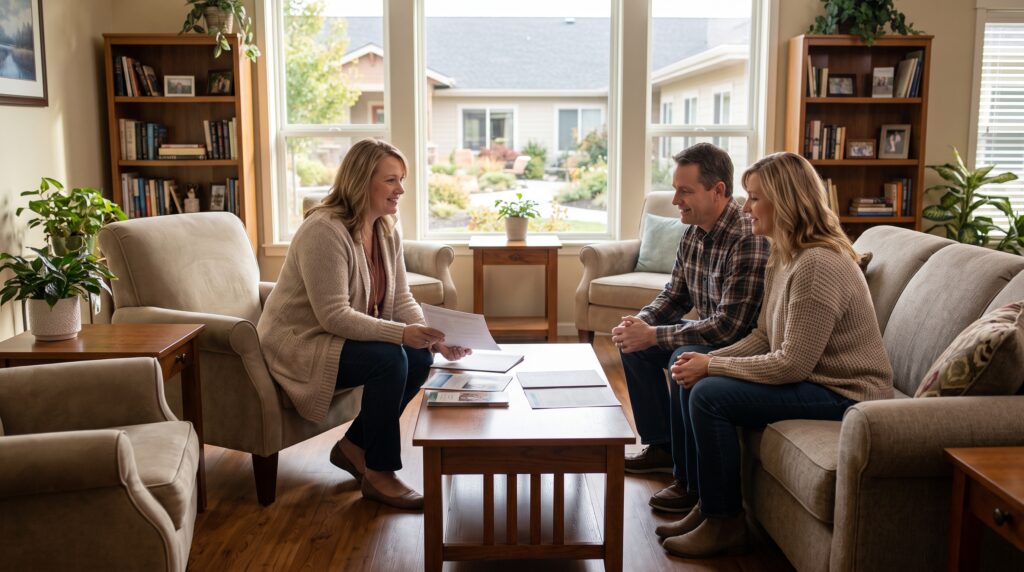 An adult son and daughter reviewing memory care cost in texas options with a compassionate care director.