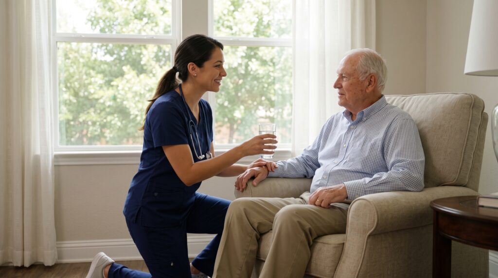 A compassionate nurse checking vital signs and offering water to an elderly resident, demonstrating preventing hospital readmissions in dementia care.