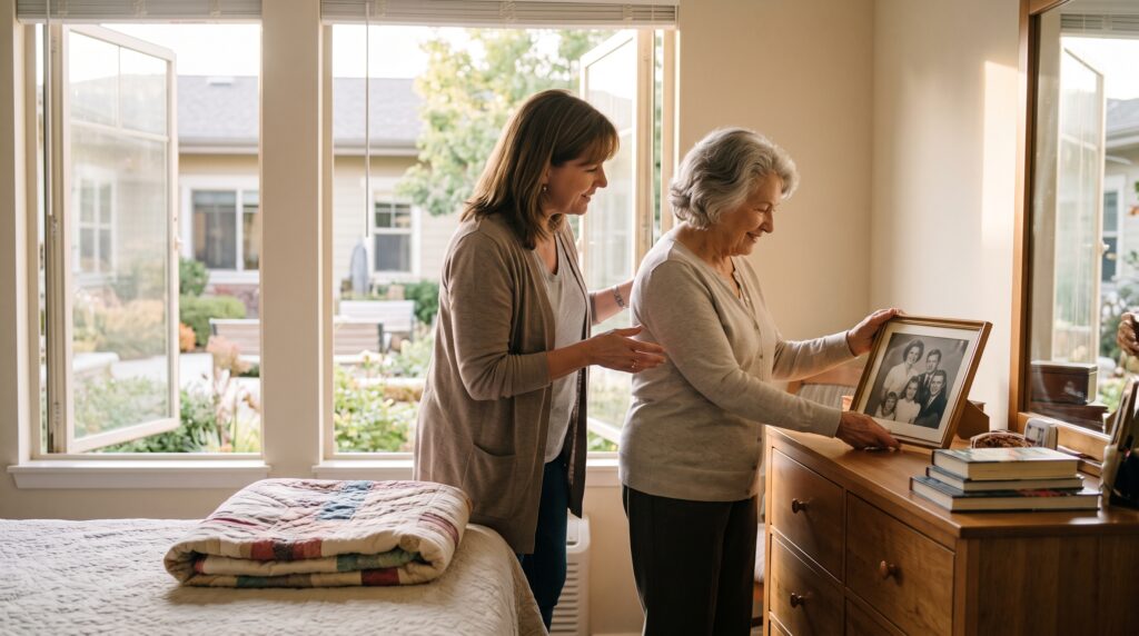 An adult daughter and caregiver arranging a cozy bedroom suite to ease transitioning from home to memory care