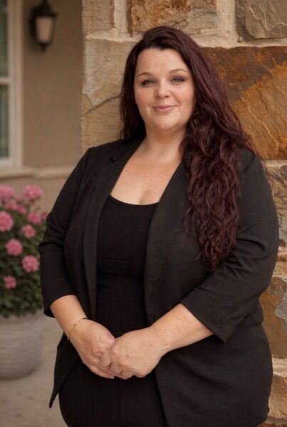 Nikki Moore outside standing in front of a brown stone pillar.