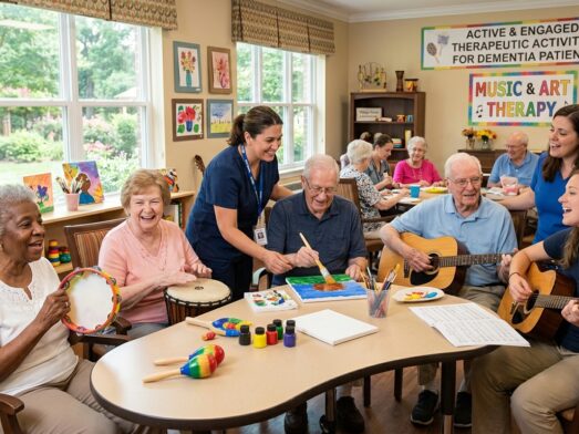 Senior residents participating in music therapy and art, highlighting therapeutic activities for dementia patients.