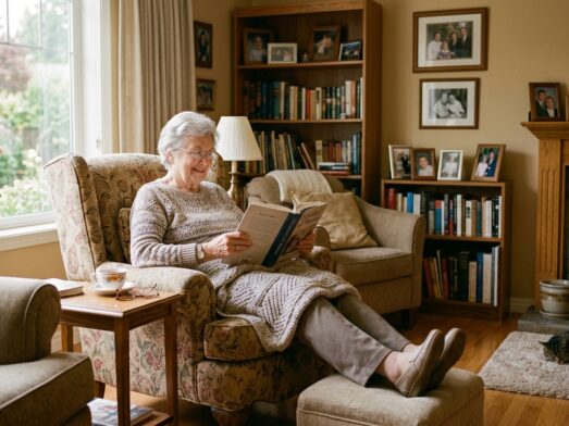 Senior resident relaxing in a cozy, residential living room illustrating the advantages of home-like memory care.