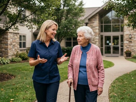 A adult daughter and elderly mother touring a residential home while choosing a memory care facility.