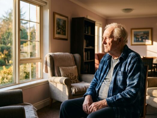 Senior resident looking out a sunlit window during late afternoon, illustrating sundowning in dementia.