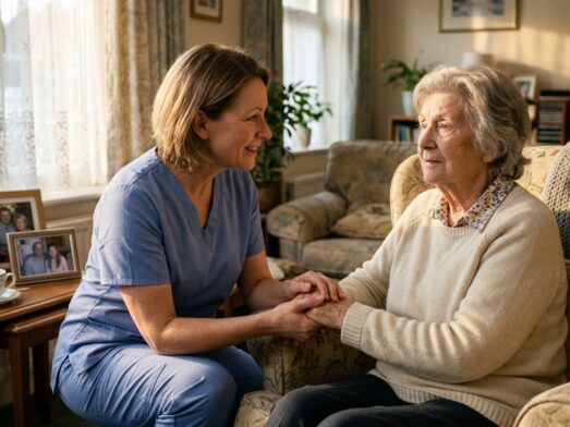 A compassionate caregiver helping a senior woman, representing the moment families ask when is it time for memory care.